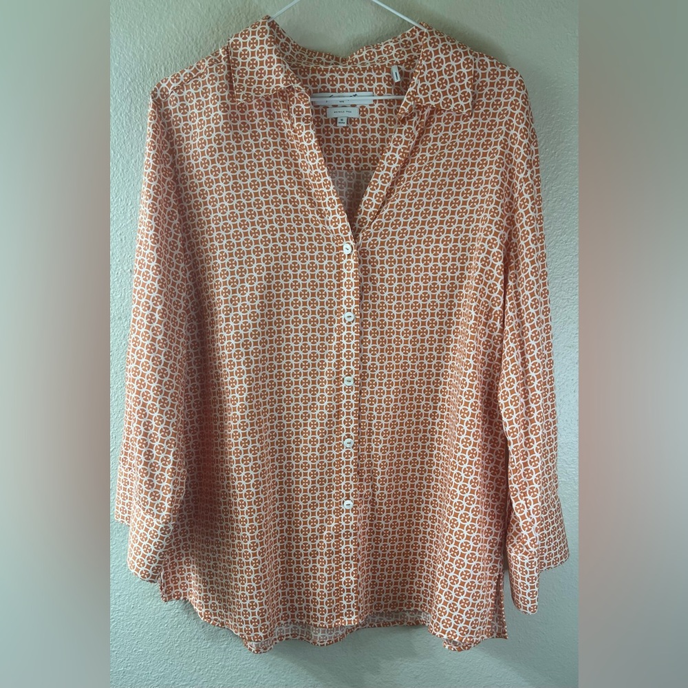 Foxcroft Wrinkle Free Cotton Button Up Blouse Orange with White Pattern Size 16